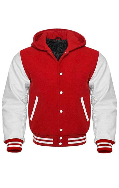 RED AND WHITE VARSITY HOODED JACKET - Versatile Jackets