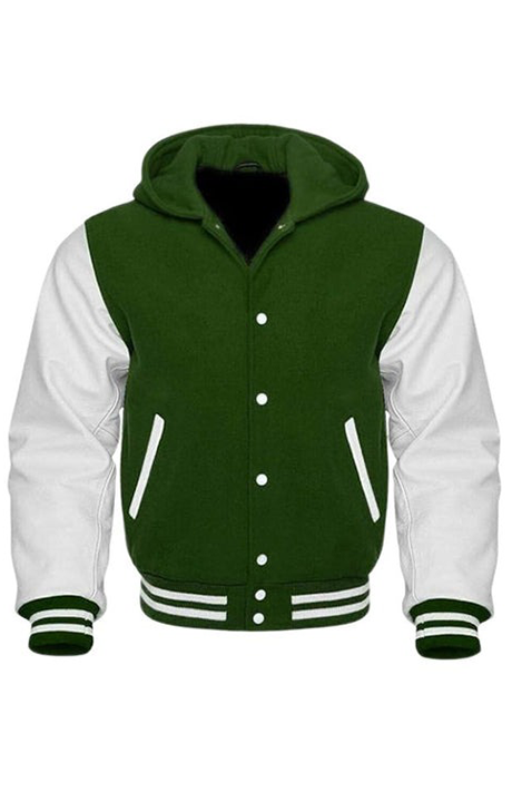 FOREST GREEN AND WHITE VARSITY JACKET WITH HOOD - Versatile Jackets