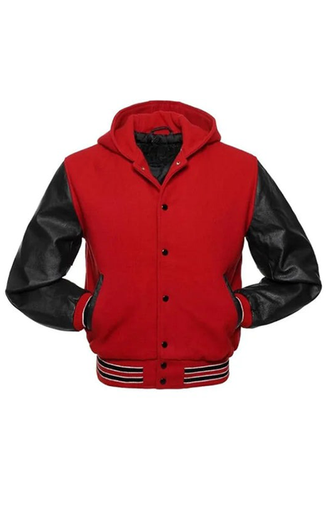 RED AND BLACK VARSITY JACKET WITH HOOD - Versatile Jackets