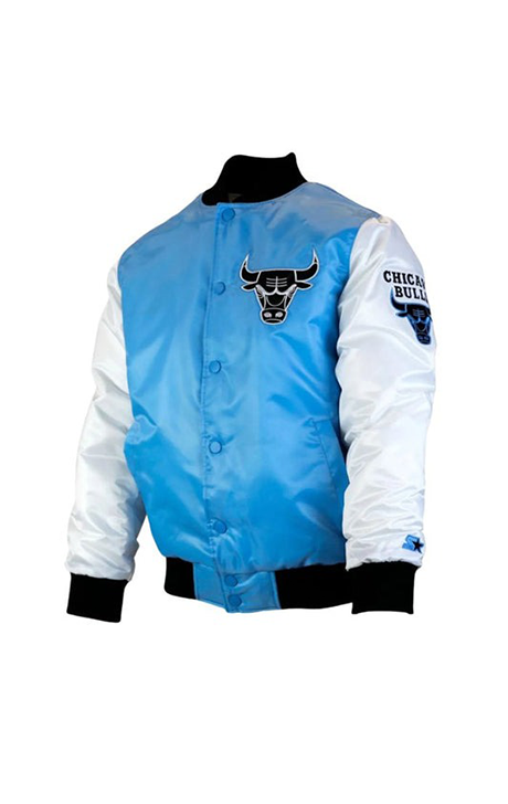 BLUE AND WHITE BULLS SILK VARSITY JACKET - Versatile Jackets