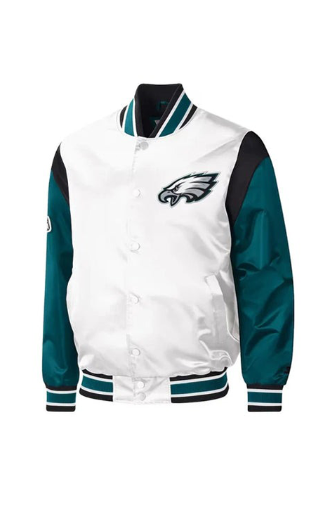THROWBACK WARM UP PITCH PHILADELPHIA EAGLES VARSITY SATIN JACKET - Versatile Jackets
