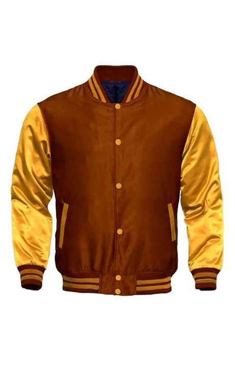 BROWN AND GOLD SATIN VARISTY JACKET - Versatile Jackets