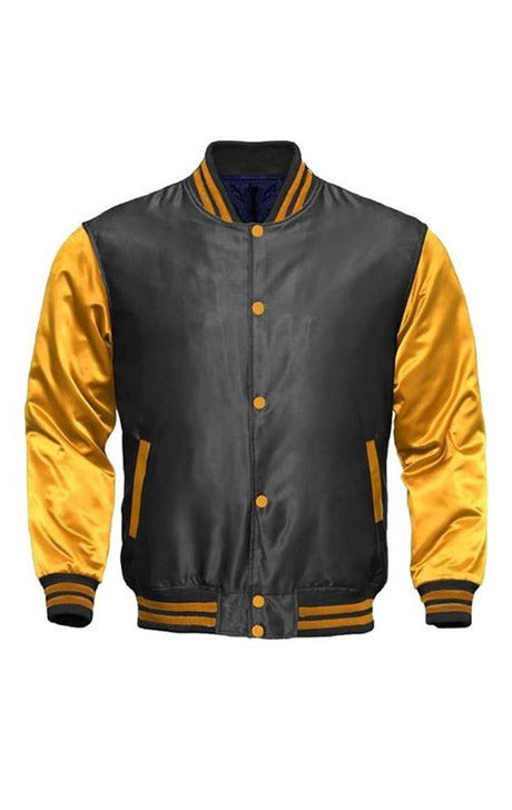 DARK GRAY AND GOLD SATIN VARSITY JACKET - Versatile Jackets