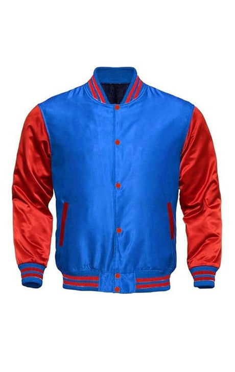 ROYAL BLUE AND RED SATIN VARSITY JACKET