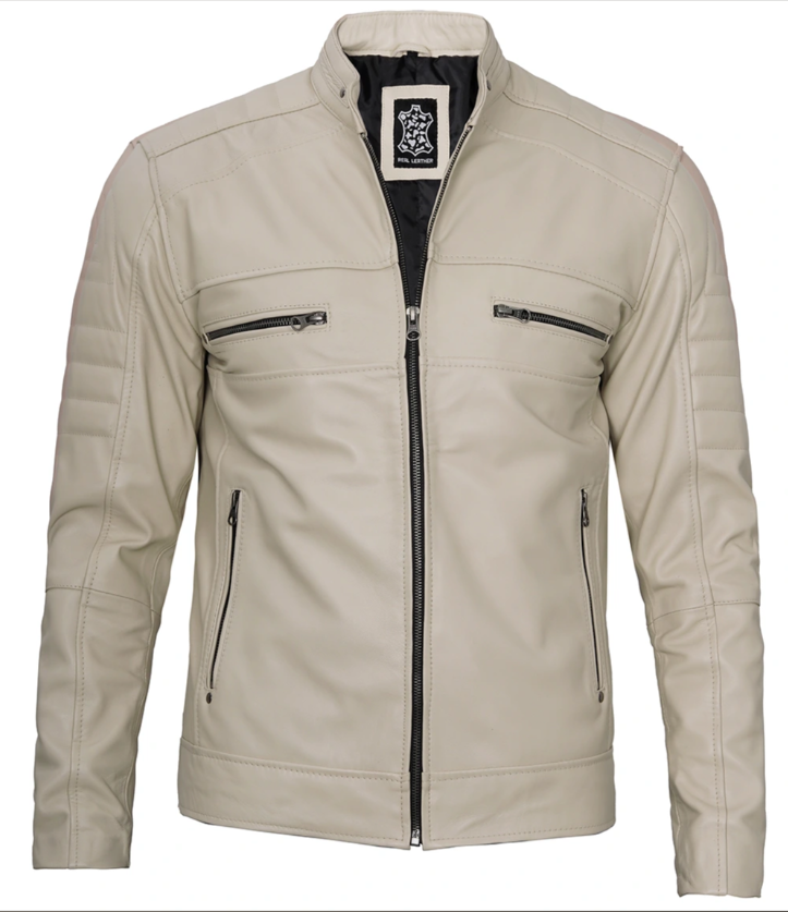 Men's Beige Biker Jacket in Genuine Lambskin Leather