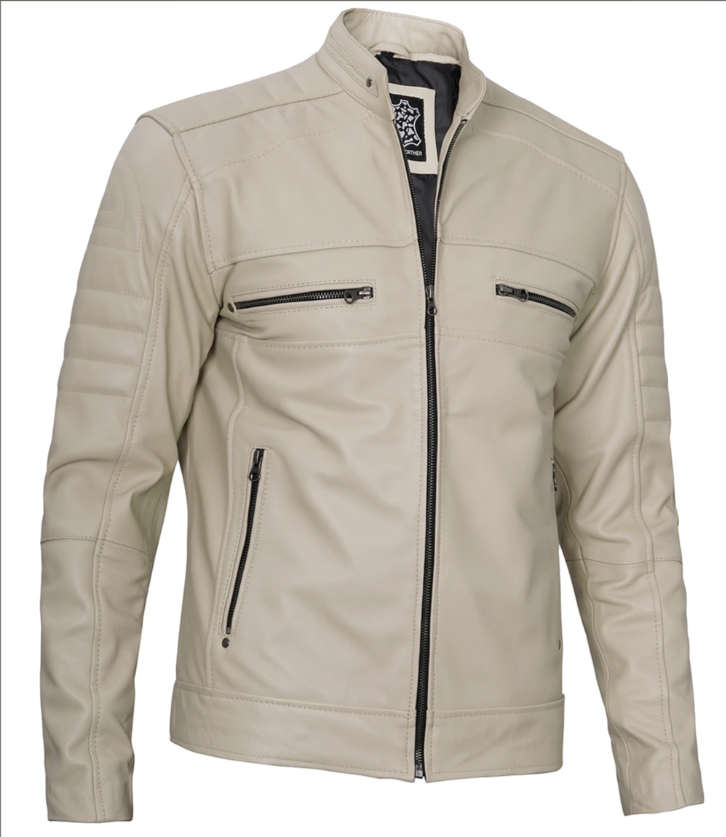 Men's Beige Biker Jacket in Genuine Lambskin Leather