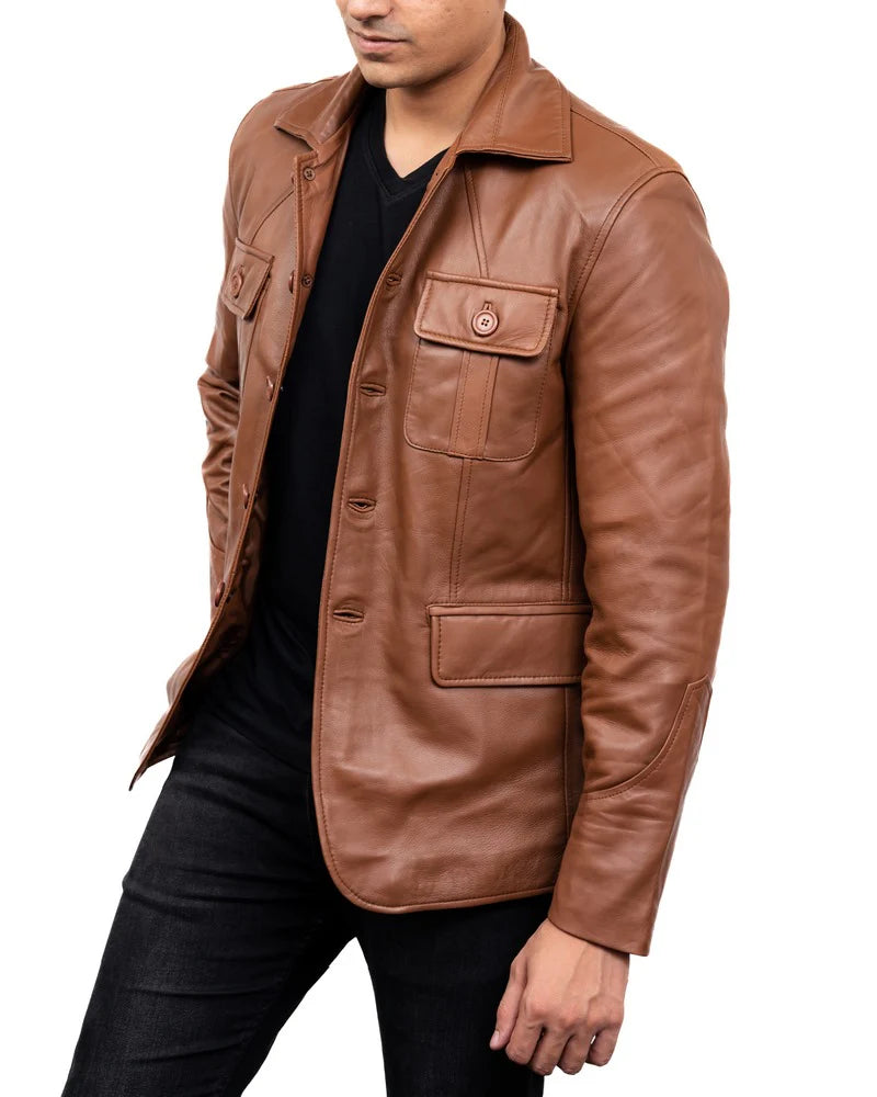 Classic 5-Button Cognac Lambskin Leather Blazer for Men