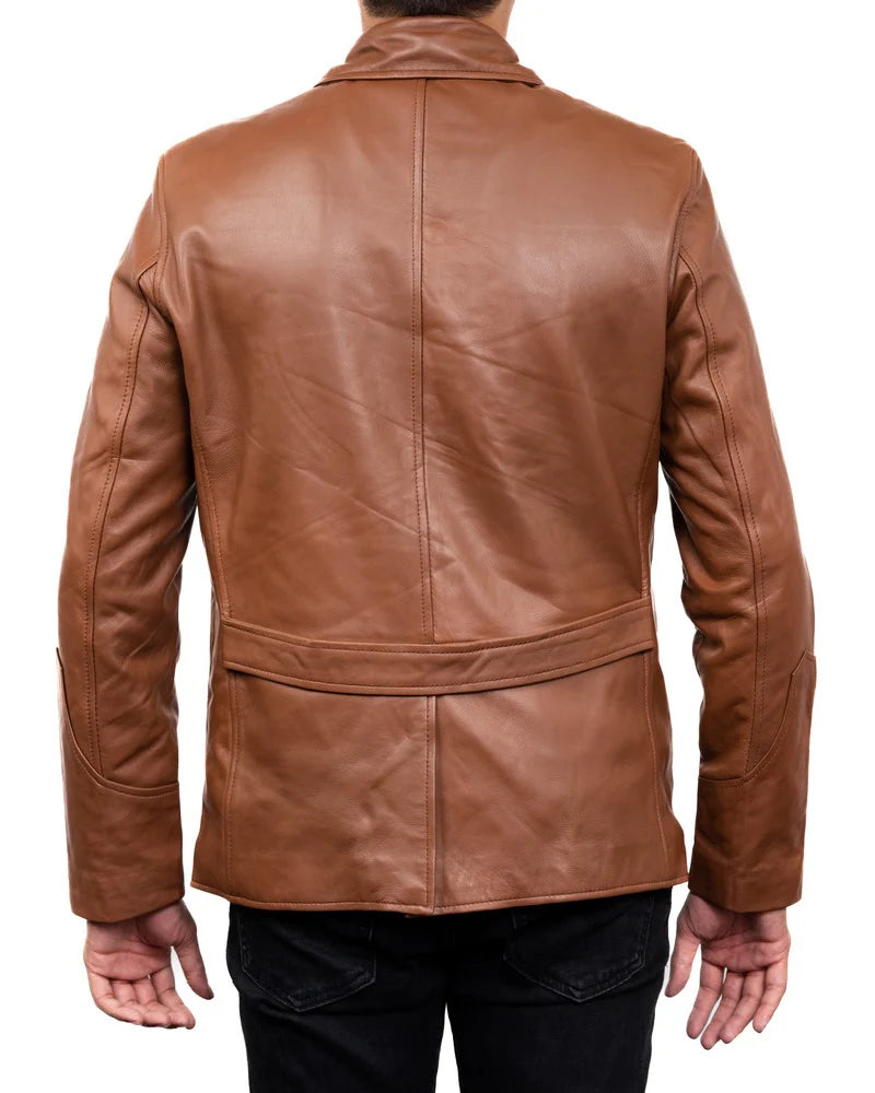 Classic 5-Button Cognac Lambskin Leather Blazer for Men