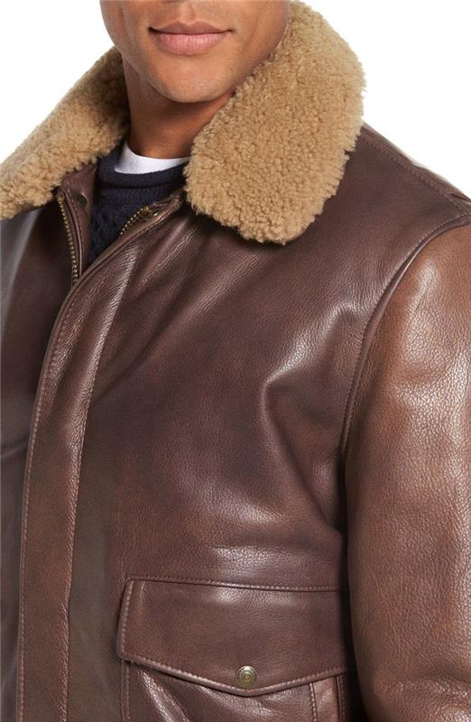  Brown Leather Bomber Jacket with Shearling Collar