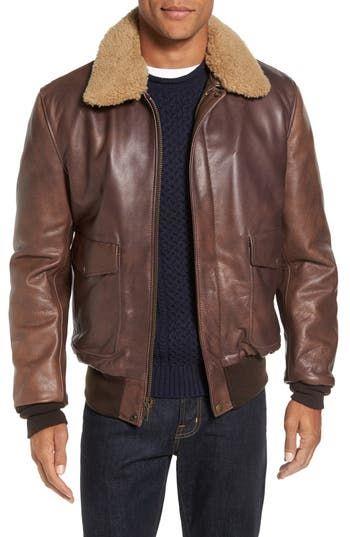  Brown Leather Bomber Jacket with Shearling Collar
