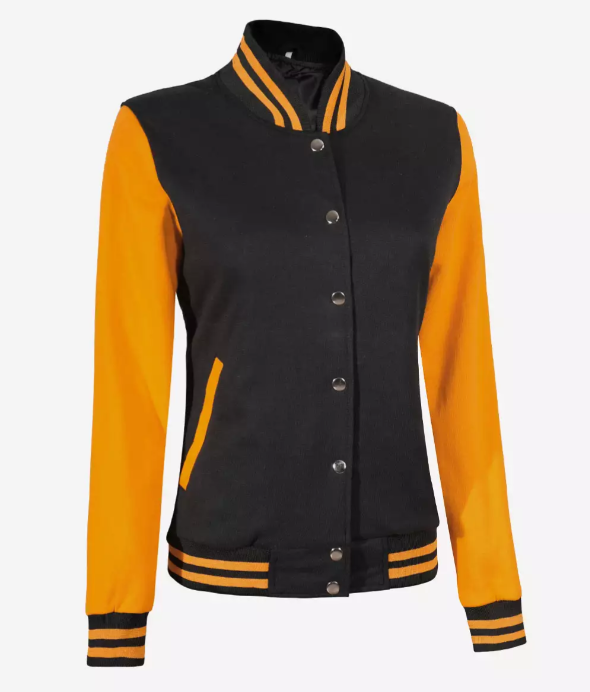 Women's Black and Yellow Letterman Baseball Style Varsity Jacket