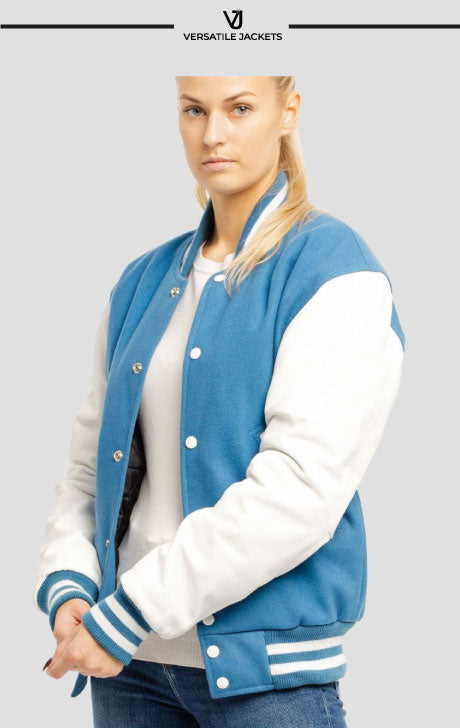 Newark Blue Wool Body & Bright White Leather Sleeves Letterman Jacket