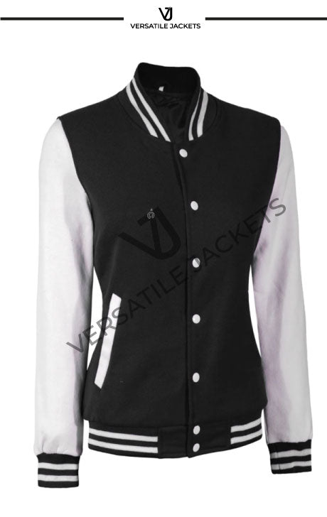 Women Black & White Varsity Jacket | Baseball Style Outerwear - Versatile Jackets