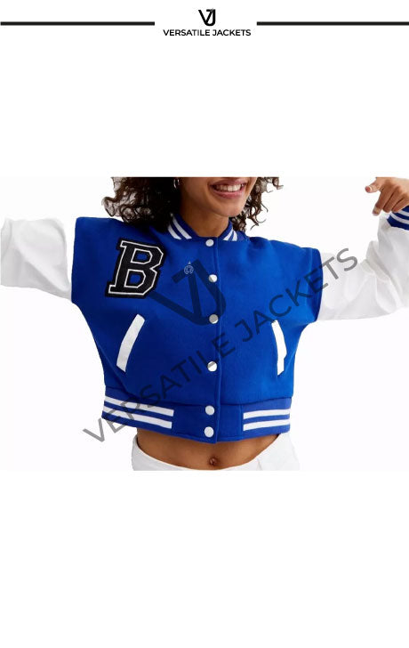 Women Varsity Letterman Jacket Blue Wool Body White Leather Sleeves - Versatile Jackets