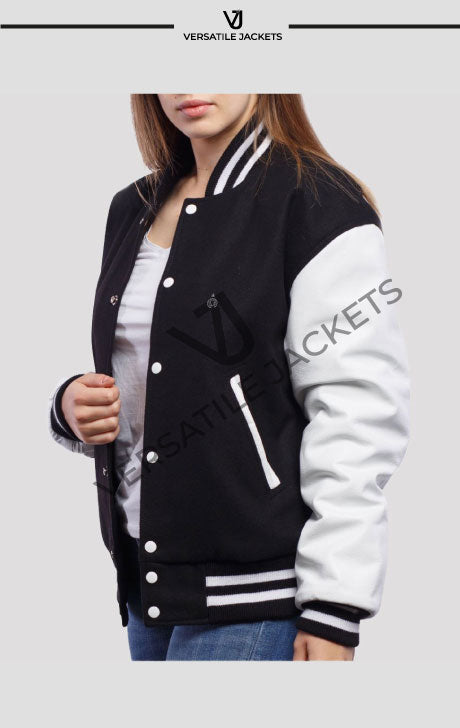Black Wool Body & Bright White Leather Sleeves Letterman Jacket - Versatile Jackets