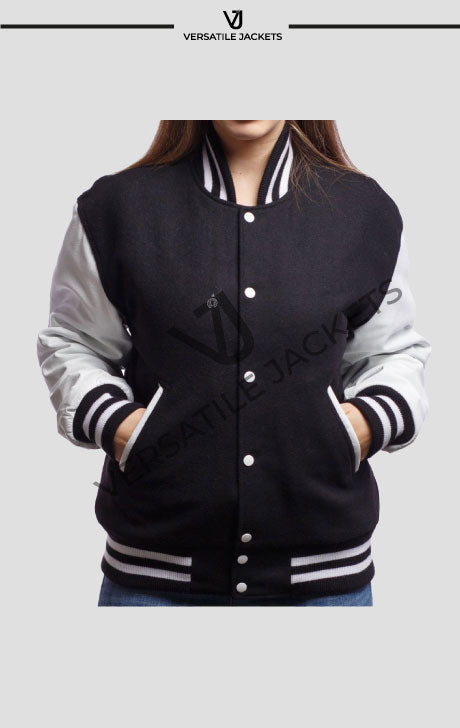 Black Wool Body & Bright White Leather Sleeves Letterman Jacket - Versatile Jackets