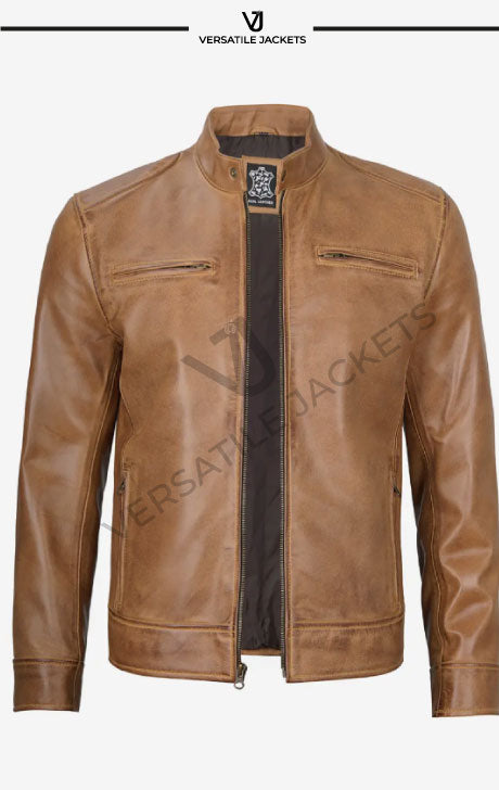 Camel Brown Men's Leather Cafe Racer Jacket