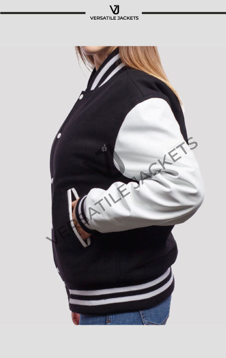 Black Wool Body & Bright White Leather Sleeves Letterman Jacket - Versatile Jackets