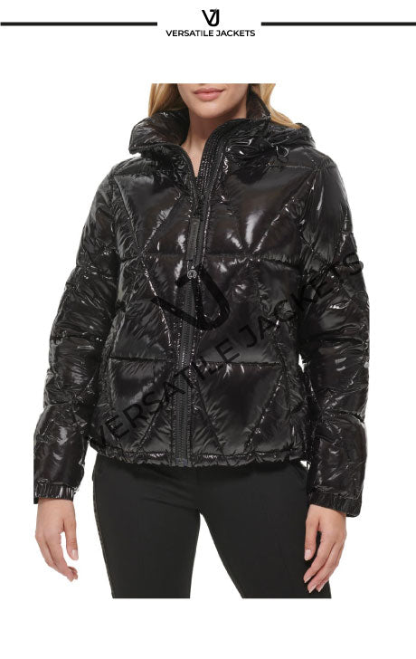 Water resistant down feather fill short puffer coat