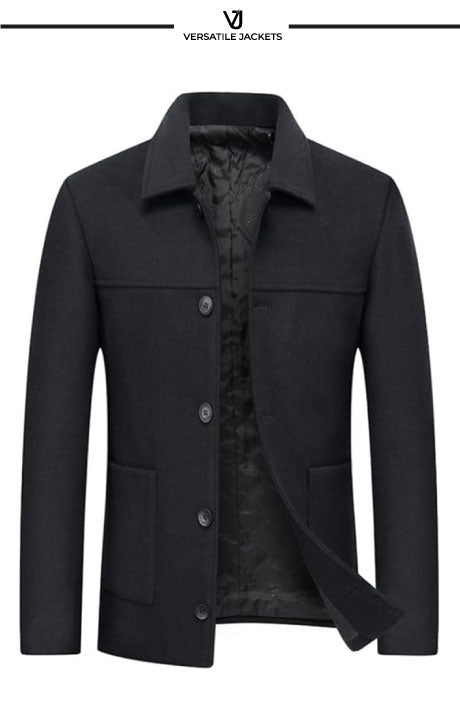 Men's Short Wool Blend Jacket - Fashionable Thick Lapel Overcoat, Solid Color