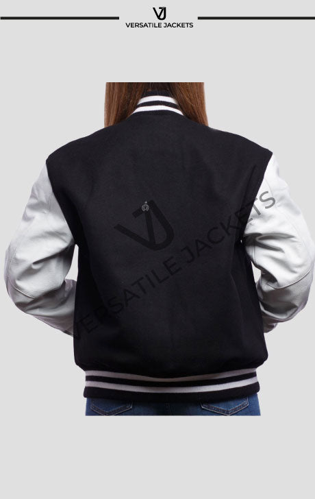 Black Wool Body & Bright White Leather Sleeves Letterman Jacket - Versatile Jackets