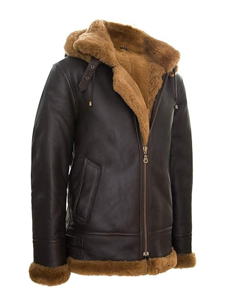  Dark Brown Shearling Hooded Leather Jacket