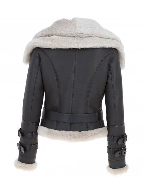 Women's Brown and Cream Aviator Shearling Leather Jacket
