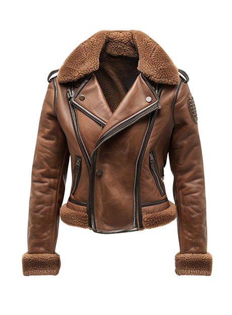 Brown Shearling Leather Biker Jacket 