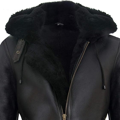 Black Shearling Hooded Leather Jacket