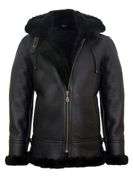 Black Shearling Hooded Leather Jacket