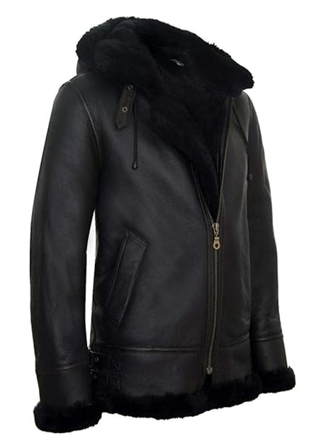 Black Shearling Hooded Leather Jacket