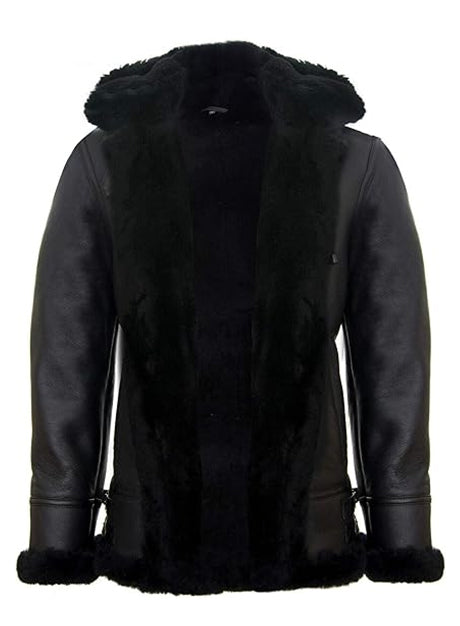 Black Shearling Hooded Leather Jacket