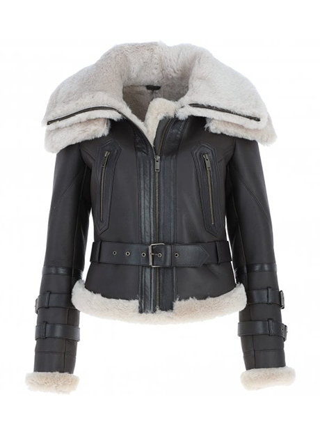 Women's Brown and Cream Aviator Shearling Leather Jacket