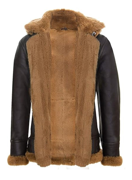  Dark Brown Shearling Hooded Leather Jacket