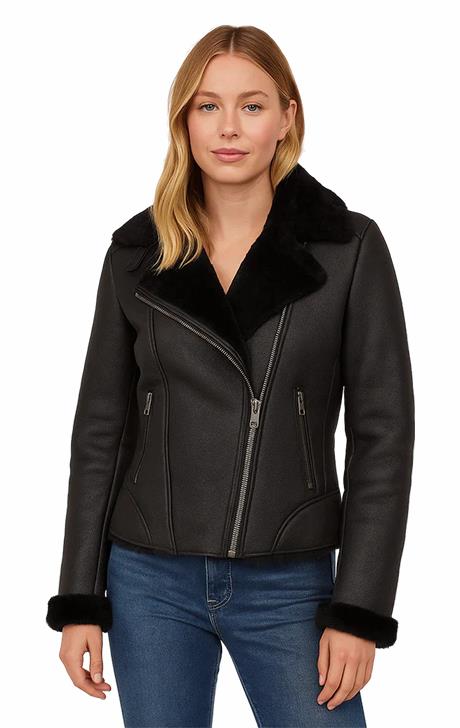 Women’s Luxury Black Shearling Leather Jacket