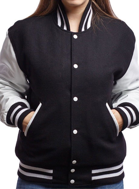 Black Wool Body & Bright White Leather Sleeves Letterman Jacket