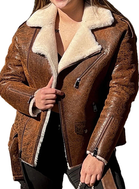 Distressed Brown Shearling Leather Jacket