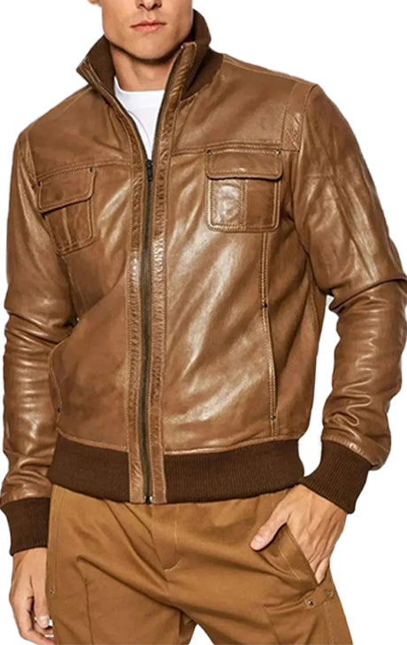 Men’s Classic Tan Leather Bomber Jacket