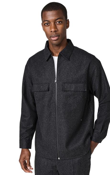 Virgin Wool Blend Flannel Zip Shirt Jacket