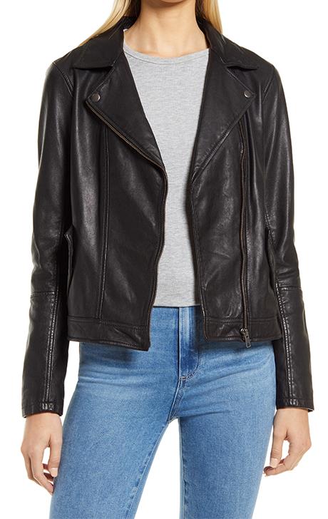 Leather Moto Jacket with Removable Hood