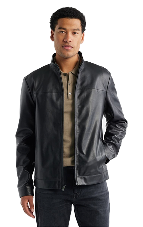 Leather Bomber Jacket with Stand Collar