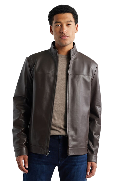 Leather Bomber Jacket with Stand Collar