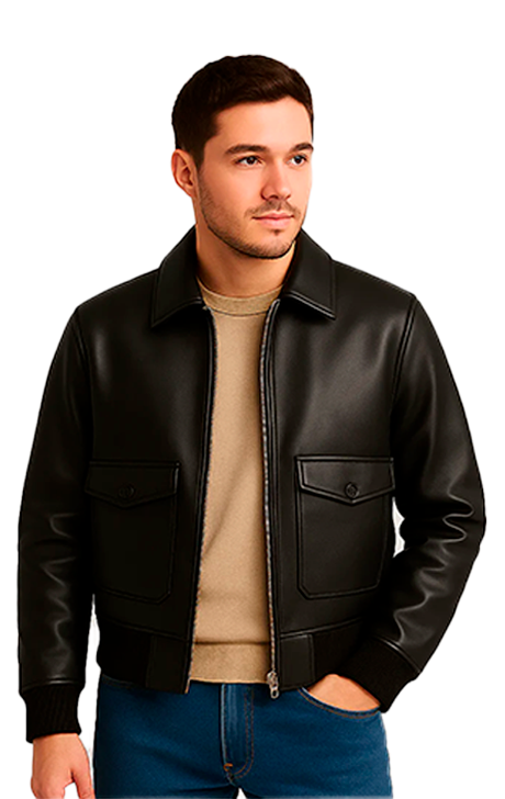  Leather Bomber Jacket with Flap Pockets