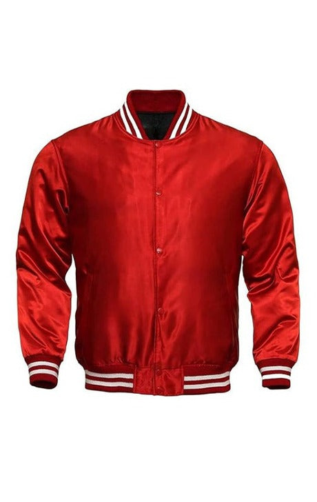 RED SATIN VARSITY JACKET